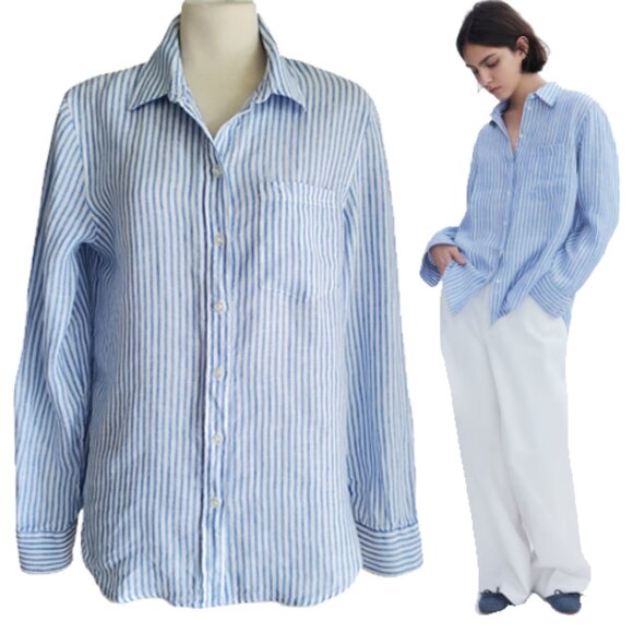 H&M 100% Linen Button Down Long Sleeve Shirt Periwinkle Blue and White Size XS - Picture 1 of 16